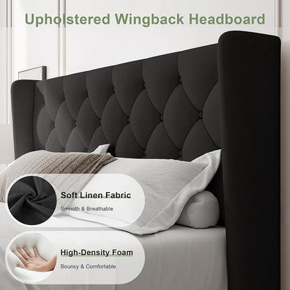 Feonase Queen Bed Frame with Upholstered Wingback Headboard, Platform Bed and Heavy Duty Wooden Slats Support, Easy Assembly, Noise-Free, No Box Spring Needed, Black