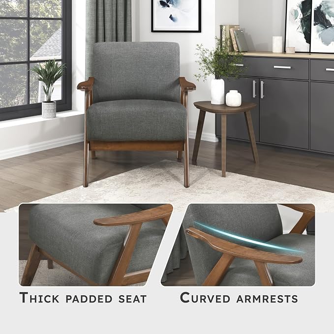 Lexicon Mid Century Modern Accent Chair with Solid Wood Frame in Walnut Finish, Upholstered Living Room Lounge Arm Chair, Thick and Comfy Innerspring Seat Cushion, Linen-Look Fabric, Gray