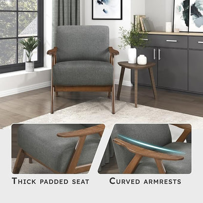 Lexicon Mid Century Modern Accent Chair with Solid Wood Frame in Walnut Finish, Upholstered Living Room Lounge Arm Chair, Thick and Comfy Innerspring Seat Cushion, Linen-Look Fabric, Gray