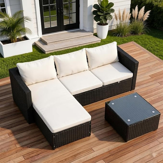 Shintenchi 4 Pieces Patio Furniture Set, 2-in-1 Convertible Sectional Sofa & Chaise Lounge, All-Weather Wicker Rattan Sofa Couch with Cushions & Coffee Table for Yard, Garden, Porch, Poolside (Beige)