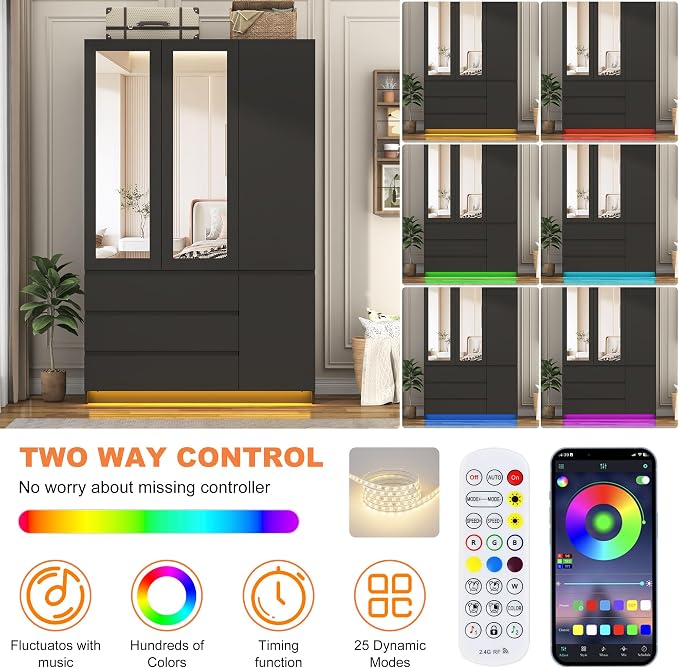 75"H Tall Modern 3 Doors Wooden Armoire Wardrobe Closet with 3 Drawers & 2 Mirror,Clothing Storage Cabinet with Hanging Rod,Bedroom Large Freestanding Armoires with Led Lights for Bedroom,Black
