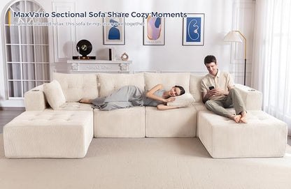 MAXYOYO 129.5" Modular Sectional Sofa Couch, U Shaped Modern Cloud Couch with 2 Ottomans, Sofa in A Box, Tufted 6-Seat Boneless Chair for Living Room, No Assembly Required, Beige