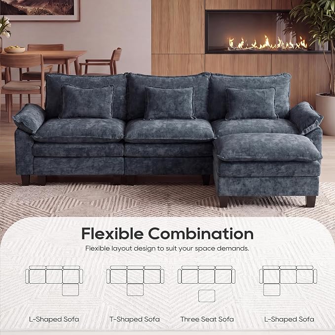 URRED Oversized Modular Sectional Sofa, 122" L Shaped Modern Comfy Cloud Couch with Movable Ottoman & Pillows, Deep Seat Couches for Living Room, Bedroom or Apartment (Chenille Blue, 122" L Shaped)