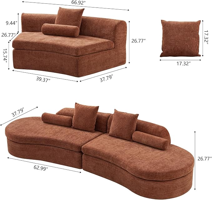 AVZEAR Curved Modular Sectional Sofa, Chenille Upholstered Cloud 6 Seater Couch for Living Room, No Assembly Modern Love Seat Sofa with 3 Bolster Pillows & 3 Square Pillows, High-Density Foam, Orange