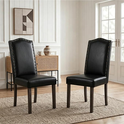 LSSBOUGHT Dining Chair Upholstered Parsons Kitchen Chair with Copper Nails and Solid Wood Legs (Black-pu, Set of 6)