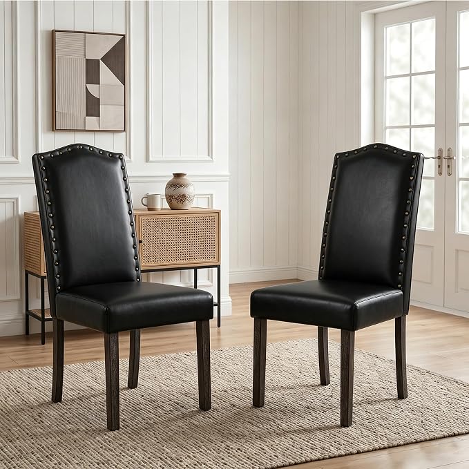 LSSBOUGHT PU Dining Chair Set of 4 Upholstered Parsons Kitchen Chair with Copper Nails and Solid Wood Legs for Dining Room,Restaurant(Black)