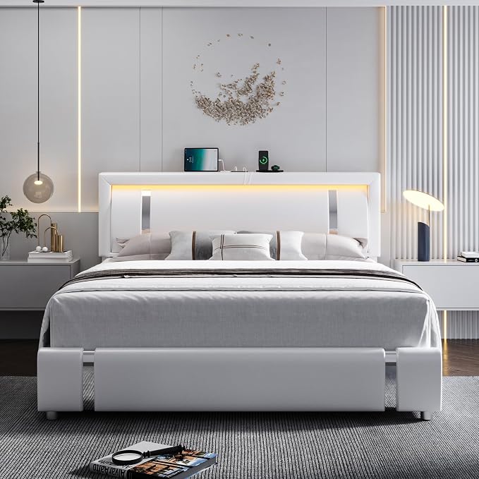 Keyluv Queen Bed Frame with RGB LED Lights Headboard & 2 Storage Drawers, Modern Upholstered Faux Leather Smart Platform Iron Metal Decor, USB USB-C Charging Ports, No Box Spring Needed, White