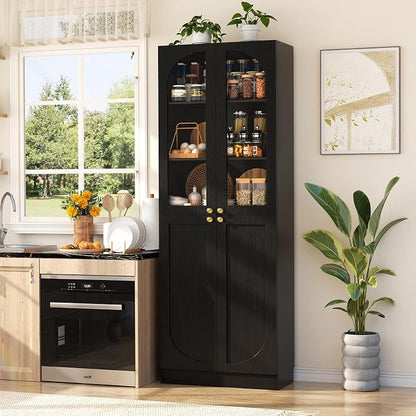 Cyclysio 80" Kitchen Pantry, Tall Arch Storage Cabinet with Tempered Glass & Soft Close Doors, Freestanding Wood Floor Cupboard Bookcase with Seamless Fit Wall for Dining Room, Living Room, Bathroom