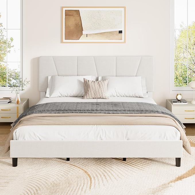 GarveeHome King Size Bed Frame with Upholstered Headboard, Modern Fabric Platform Bed Frame with Wooden Slat Support, Adjustable Headboard, No Box Spring Needed, Noise-Free, for Bedroom