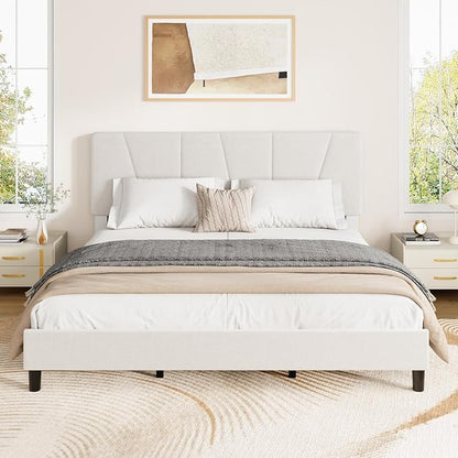 GarveeHome King Size Bed Frame with Upholstered Headboard, Modern Fabric Platform Bed Frame with Wooden Slat Support, Adjustable Headboard, No Box Spring Needed, Noise-Free, for Bedroom