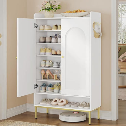 Hzuaneri Shoe Cabinet with Doors, 7-Tier Shoe Storage Cabinet with Adjustable Shelves, Wooden Shoes Organizer Cabinets with Top Storage Layer, 28-32 Pairs, for Entryway, Hallway, White SR68703A