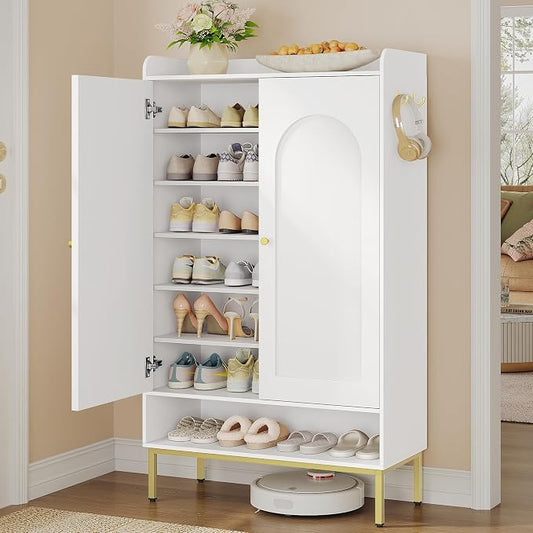 Hzuaneri Shoe Cabinet with Doors, 7-Tier Shoe Storage Cabinet with Adjustable Shelves, Wooden Shoes Organizer Cabinets with Top Storage Layer, 28-32 Pairs, for Entryway, Hallway, White SR68703A