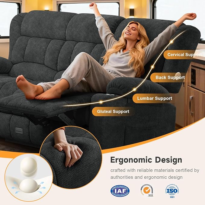 Loveseat Recliner Sofa with Flip Backrest Design, 3 Seat RV Recliner Sofa with USB Ports & Pockets, Wall Hugger Reclining Loveseat with Cup Holders & Drawer, RV Couch for Home Theater Seating