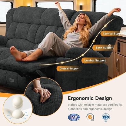Loveseat Recliner Sofa with Flip Backrest Design, 3 Seat RV Recliner Sofa with USB Ports & Pockets, Wall Hugger Reclining Loveseat with Cup Holders & Drawer, RV Couch for Home Theater Seating