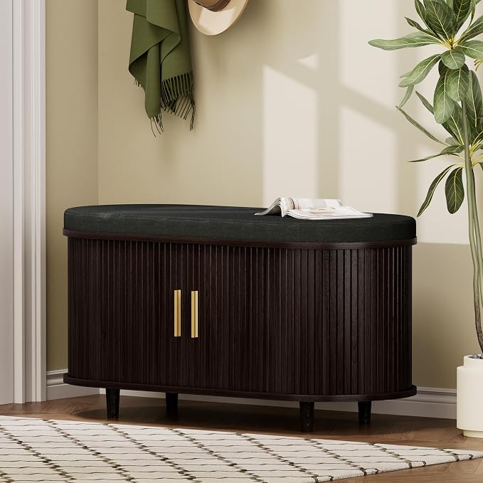 DHH 2-Tier Storage Bench,Wide Shoe Bench with Thickened Padded Seat Cushion, Mid Century Modern Fluted Sliding Door and Adjustable Shelf, for Entryway, Living Room, Bedroom (Dark Walnut, 35.4“)