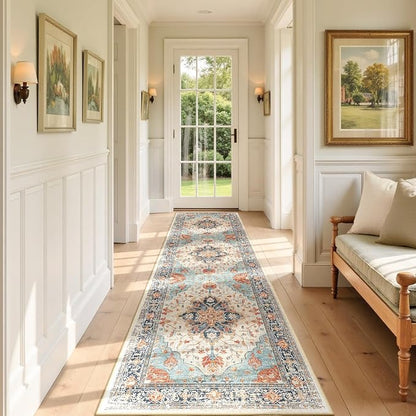 RELEANY Area Rugs Runner 2'x7' Washable Non-Slip, Floral Vintage Distress Medallion Carpet for Kitchen Hallway Bedroom Beside Laundry Room Bathroom, Beige Navy Blue Orange Colorful