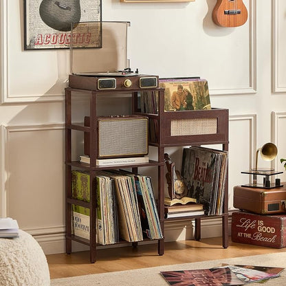 LELELINKY Record Player Stand, Vintage Walnut Wood Record Holder with Vinyl Storage Holds up to 300+ Albums, 3-Tier Rattan Media Table with Vinyl Display Shelf, Record Storage Cabinet for Living Room