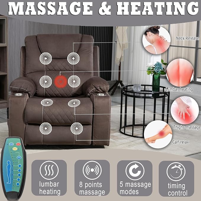 FUNECORP Large Power Lift Recliner Chair Sofa with Massage and Heat for Big and Tall Elderly,Infinite Positions,Single Motor,Cup Holders,and USB Ports,Velvet Home Theater Seat