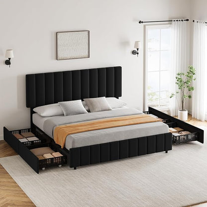 IDEALHOUSE Queen Upholstered Bed Frame with 4 Storage Drawers, Adjustable Headboard and Wooden Slats Support, No Box Spring Needed, Black