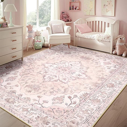 RELEANY Area Rugs 5'x7' Washable Non-Slip, Floral Vintage Distress Medallion Carpet for Living Room Bedroom Dining Room, Pink Greypink Cute