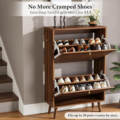 Nicetree Shoe Storage Cabinet for Entryway, 9.5inch Slim Shoe Rack with 2 Flip Drawers, Mid-Century Modern Walnut Shoe Cabinet Storage, Narrow Shoe Organizer with Adjustable Shelves for Small Spaces