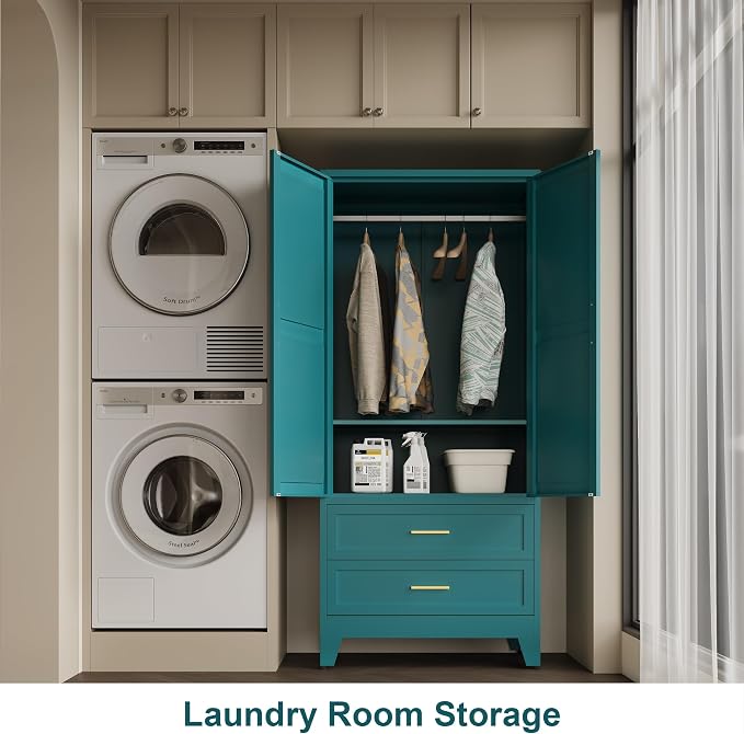 QINPTWUT 71" Tall Metal Wardrobe with Doors, Hanging Rod & Adjustable Shelf, Freestanding Steel Armoire for Bedroom Home Office, 2-Drawer Blue