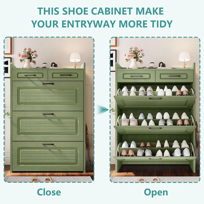 Shoe Cabinet with 3 Large Flip Drawers and 2 Storage Drawers, Narrow Shoe Organizer Cabinet Fits for Kinds of Shoes, Hidden Shoe Storage Cabinet for Entryway, Hallway, Green