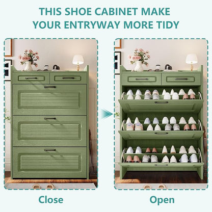 Shoe Cabinet with 3 Large Flip Drawers and 2 Storage Drawers, Narrow Shoe Organizer Cabinet Fits for Kinds of Shoes, Hidden Shoe Storage Cabinet for Entryway, Hallway, Green