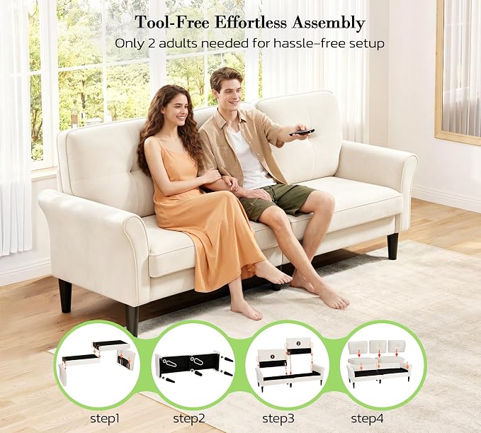 Loveseat Sofa, 83" Love Seat Couches, Comfy Velvet Small Couch for Bedroom, Tool-Free Setup Small Couches for Living Room, Modern Sofas for Living Room, 750lbs Load Sofas & Couches, White Couch