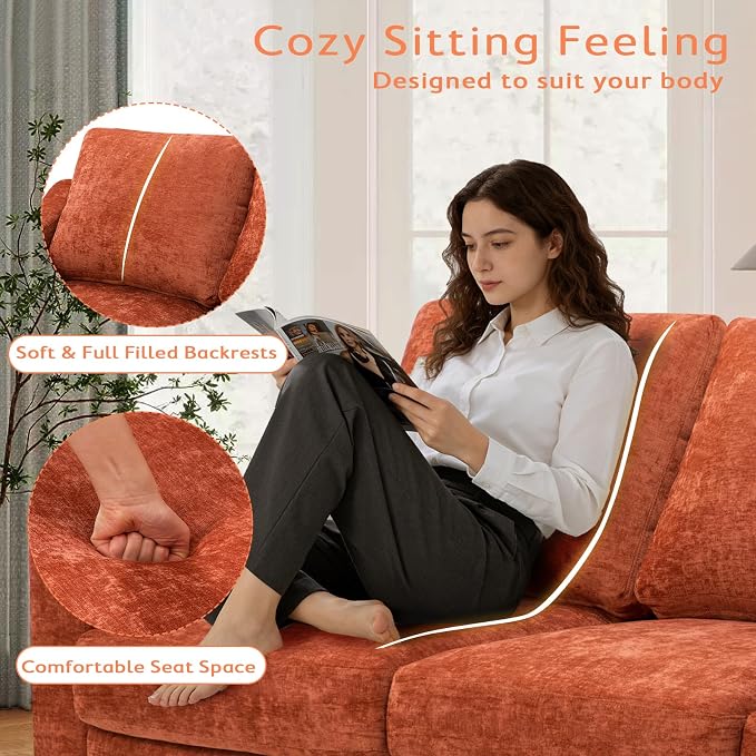 67” Chenille Loveseat Sofa w/Comfortable Back Cushions, Orange | Modern 2-Seat Couch w/Deep Seat Space, Upholstered 2 Seaters Sofa w/High Resiliency Foam for Living Room
