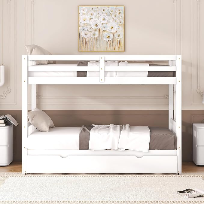 Extendable Bunk Bed with Trundle, Twin Over Double Twin Bunk Bed Frame, Upgraded Version Wooden Bunk Bed with Trundle, Pull-Out Bunk Bed Frame Can Be Extendable, No Spring Box Needed, White