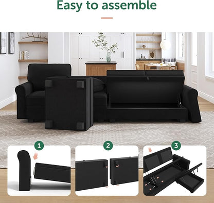 HONBAY Sectional Sofa with Storage Seat Velvet U Shaped Couch with Reversible Chaise Convertible Sectional Couches for Living Room,Black Velvet