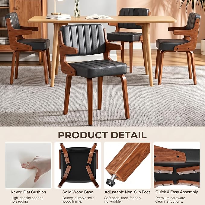 Dining Chairs Set of 6 with Hanging Armrest Black | Set of 6 with hanging armrests that hook onto table edge. Durable walnut frame with soft faux leather padding