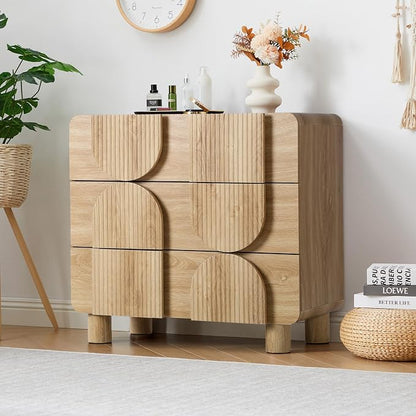 Janmer Home 3 Drawer Dressers for Bedroom, 31.5" Wide Large Mid Century Modern Fluted Nightstand, Wood Dresser & Chest of Drawers with Curved Profile for Living Room, Entryway, Hallway, Natural