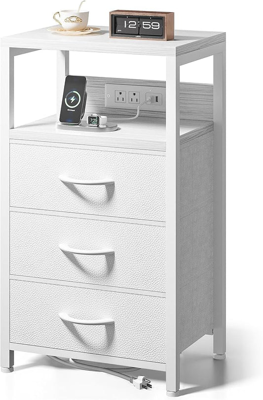 Lazzanto NightStand Bedside Charging Table Bedroom - White Night Stand with Charger Station, USB-C USB Ports & AC Outlets for Dorm, Modern End Table with Open Shelf & 3 Fabric Drawers