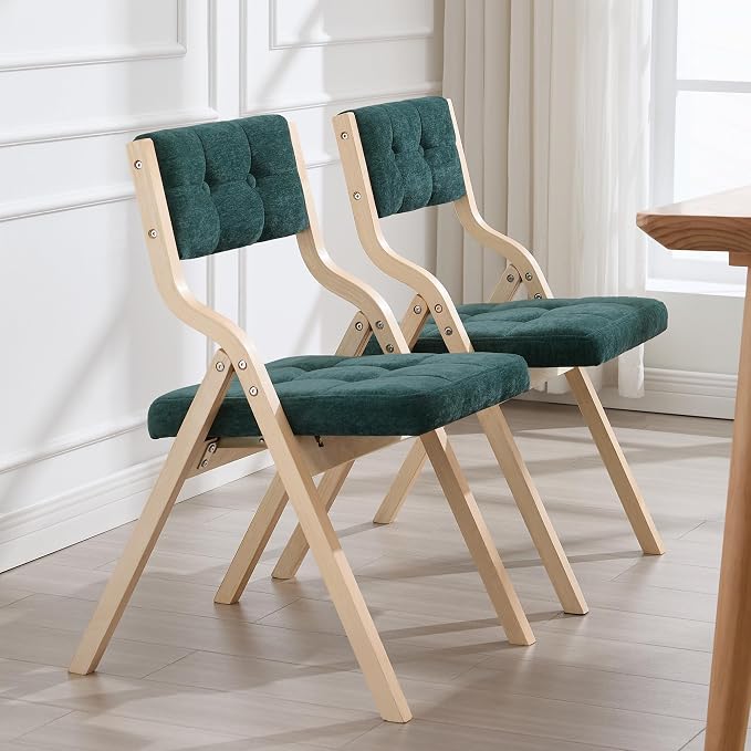 4-Pack Folding Dining Chairs with Cushion,Padded Foldable Dining Chairs,Portable Wooden Folding Chairs with Tufted Buttons Seat for Dining Rooms Kitchen Wedding and Party Indoor Green