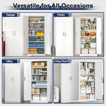 BESFUR Metal Storage Cabinet with 2 Doors and 5 Adjustable Shelves Garage Storage Cabinet with Lock 71" Office Storage Cabinets Locking Cabinets for Garage Office Shop Home (White)
