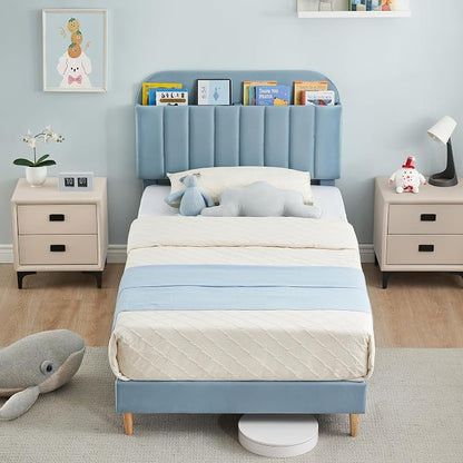 GarveeHome Twin Bed Frame with Storage Headboard, Velvet Upholstered Platform Bedframe for Kids, Boy Bed, Strong Wooden Slats, Noise-Free, Easy Assembly, No Box Spring Needed, Blue