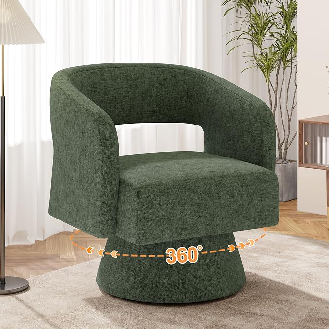 Luxanimarion Swivel Barrel Accent Chair,Oversized Chenille Upholstered Round Swivel Chair,Modern Luxury 360 Degree Living Room Vanity Chair for Bedroom Office,Green Chenille,1PCS