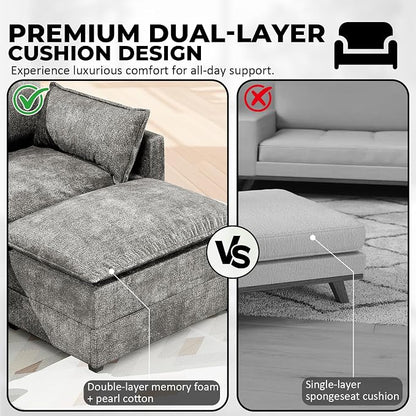 LEVELEVE 112.5" L-Shape Modular Sofa with 1 Ottomans, Deep Seat Cloud Convertible Sleeper, 3 Throw 2 Arm Pillows, Cozy Upholstered Furniture for Living Room Apartment, Dark Grey