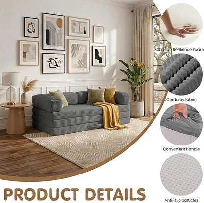 Convertible Sofa Bed King,5-in-1 Folding Boneless Couch Corduroy Futon Sofa Bed,Tri-Fold Mattress with Removable Armrests & Handle,Sleeper with Pull Out Bed for Small Space Living Room Bedroom