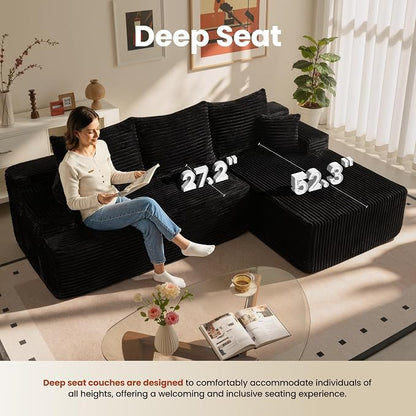 ovios 96" Cloud Sectional Couch with L-Shape Chaise,Modern Modular Sofa with Deep Seat, Upholstered Couches for Living Room Bedroom,No Assembly Required, Black (Plush Corduroy Fabric)