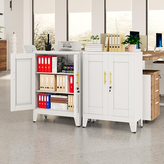White Metal Storage Cabinet, 36" Tall Locking Storage Cabinet, 12”D | with 2 Adjustable Shelves, Steel Locker Organizer, Metal Freestanding Buffet Cupboards Sideboard for Office, Home, School,2PS