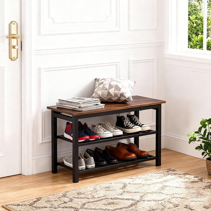 Shoe Rack Bench, Industrial Entryway Storage Bench Organizer with Multiple Tiers and Wood Seat, Rustic Brown (3-Tier)