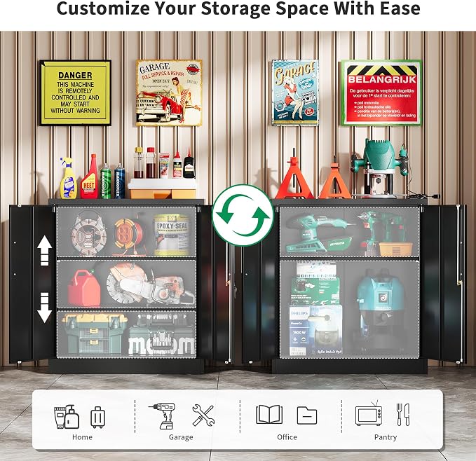 Metal Garage Storage Cabinet with Doors and Adjustable Shelves, 35.4" Locker Organizer Steel Garage Cabinets, Lockable File Cabinet for Home, Office, Warehouse, Tools