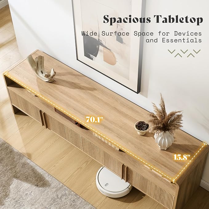 AMERLIFE Modern TV Stand for TVs up to 80", 70 inch Fluted TV Console with Storage Cabinets, Wood Entertainment Center Media Console for Living Room, Natural Oak
