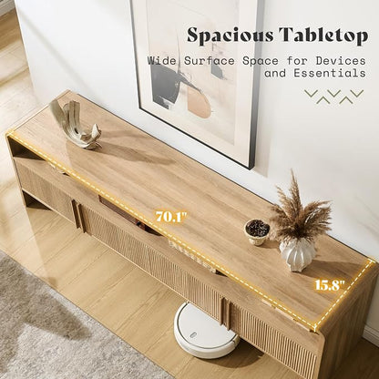 AMERLIFE Modern TV Stand for TVs up to 80", 70 inch Fluted TV Console with Storage Cabinets, Wood Entertainment Center Media Console for Living Room, Natural Oak