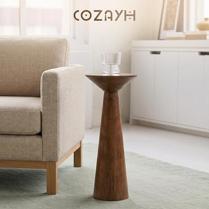 COZAYH 22.8” Tall Round Martini End Table, Walnut – Solid Pine Wood Pedestal Accent Drink Stand with Tapered Base – Farmhouse Modern Furniture for Living Room, Bedroom & Small Spaces