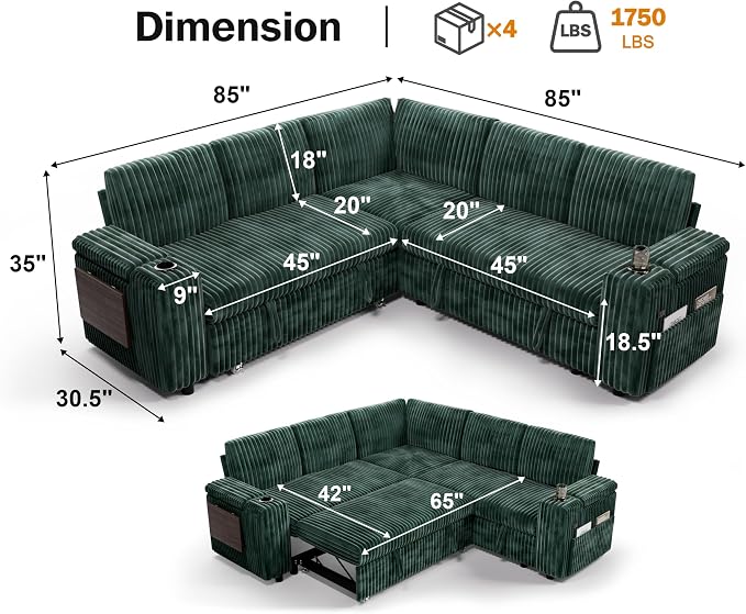 WEUP 86" Modular Sectional Sleeper Sofa with Pull Out Bed, 5 Seat Plush Corduroy L Shaped Couch with USB Ports|Cup Holders|Side Table|Storage Seat Armrests, Tool Free Assembly, Green