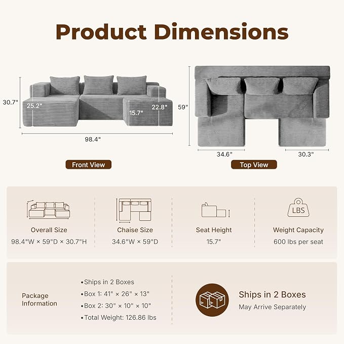 Modular Sectional U-Shaped Sofa with Deep Seat, Modern Boneless Comfy Corduroy Fluffy Couch with Side Pockets and Anti-Slip & Floor-Friendly Bottom for Living Room, No Assembly, Light Grey